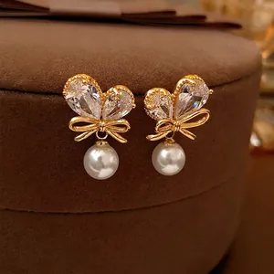 Boucles D'oreilles Noeud Zircon Künstliche Perle Fleur Gemme Avec Tige Argent Style Français Bijoux Pour Femmes