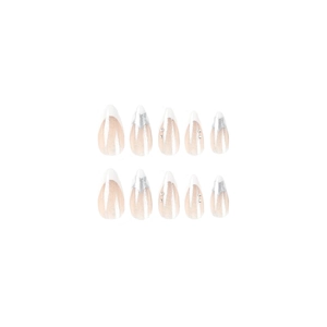 White French almond press-on nails with silver stars and sparkling rhinestones