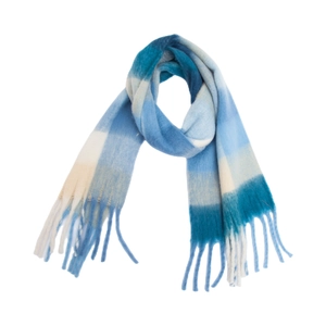 Thick blue and white plaid scarf in soft imitation mohair with stylish long tassels.