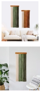 Detailed close-up of Bohemian wall hanging with wood bar and long colorful fringes
