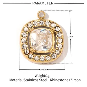 Macro detail of geometric zircon pendant showing 12mm by 10mm stainless steel dimensions