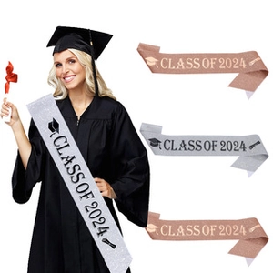 Glittery Class of 2024 graduation sashes in silver, rose gold and champagne gold colors