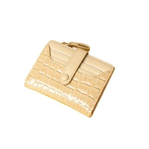 Short beige faux crocodile leather wallet for women with snap closure and coin pocket
