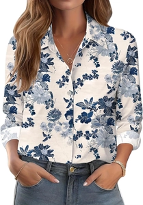 Detail of floral printed long sleeve shirt with lapel collar and blue flower pattern