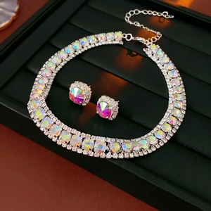Sparkling square necklace set with colorful crystals and round stud earrings