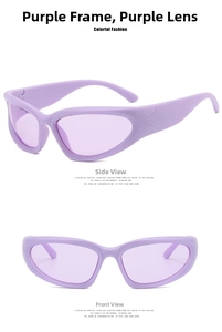 Front and side views of purple futuristic Y2K cyberpunk sports sunglasses for women