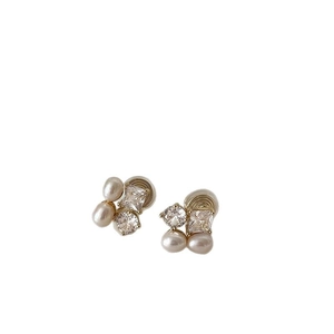 French style gold pearl and zircon earrings with clip-on back for non-pierced ears