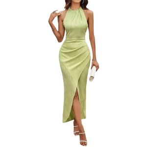 Elegant green halter neck long dress with high slit and pleated texture for women