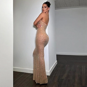 Détail de la robe en tulle transparent à strass avec dos nu et coupe moulante ajustée