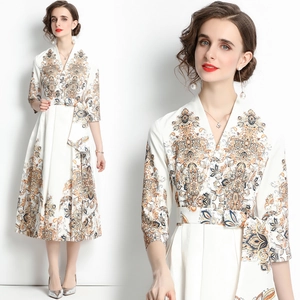 Vestido Midi Con Estampado De Cachemira Vintage Cuello En V Poliéster Manga Tres Cuartos Con Cinturón Estilo Corte