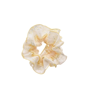 Sea salt blue scrunchie with yellow floral print and delicate lace trim for women