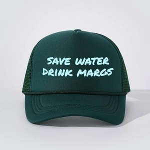 Detail of the Save Water Drink Margs text on the dark green mesh foam trucker hat