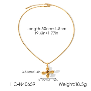 Detailed view of 18k gold stainless steel cross necklace with dimensions and weight info