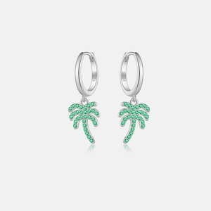 Detail of S925 sterling silver hoop earrings with green zircon pavé coconut tree charms
