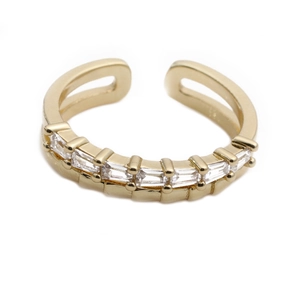 Adjustable gold plated open ring with rectangular zircon stones on a white background