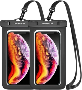 Dual pack of black waterproof phone pouches with adjustable lanyards and secure locks