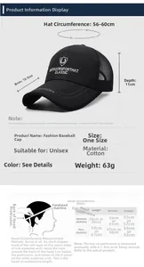 Size chart showing baseball cap dimensions with mesh panel and measurement guide