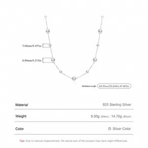 Elegant 925 sterling silver necklace with 5mm and 8mm pearls, 60cm and 95cm chain options