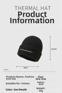 Detailed size specifications for a black knitted beanie with dimensions 23.5cm by 24cm