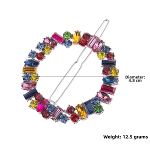 Detailed view of a 4.8cm round alloy hair clip with multicolored rhinestone crystals