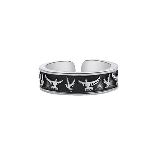 Handmade silver vintage open ring with bird totem and black oxidized finish