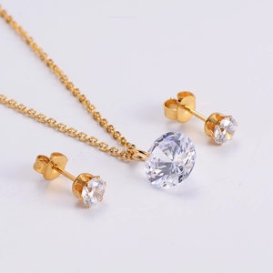 Round Zircon Pendant Necklace And Stud Earrings 316L Stainless Steel 18K Gold Plated Jewelry For Women Christmas Gift