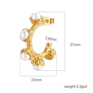 Vintage 18K gold-plated C-shaped stainless steel earrings with five inlaid pearls