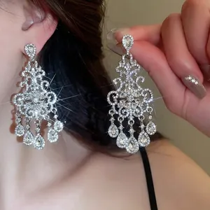 Luxury Baroque Flower Dangle Earrings With Silver Earring Post Alloy Hollow Rhinestone Teardrop Pendants For Women