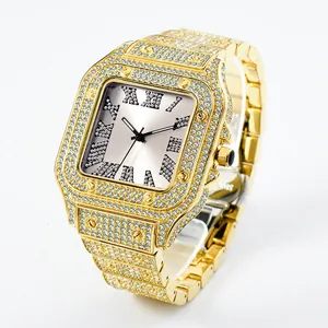 Luxury Square Quartz Watch Men Full Rhinestone Iced Out Hip Hop Roman Numerals Alloy Stainless Steel Buckle