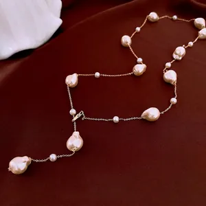 Baroque Irregular Artificial Pearl Necklace Gold Plated Copper Chain French Vintage Long Sweater Chain Fashion Jewelry For Women