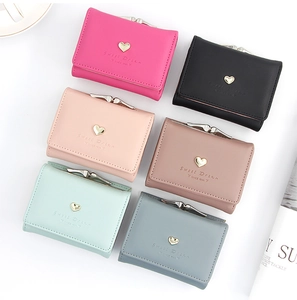 Detailed top view of six colorful mini tri-fold wallets with heart metal charms