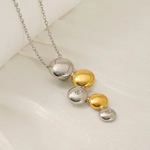 Collier En Acier Inoxydable Or Argent Bicolore Pendentif Cercle Géométrique Forme Galet Incrustation Zircon Bijoux