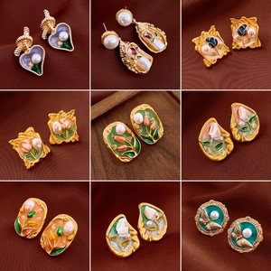 Vintage enamel earrings with French oil painting style and golden metal details