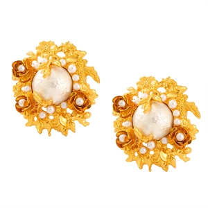 Golden baroque flower earrings with central white pearl and intricate vintage floral patterns