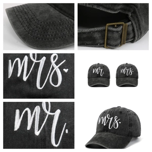 Detail view of vintage washed baseball caps with Mr and Mrs embroidery and metal buckle