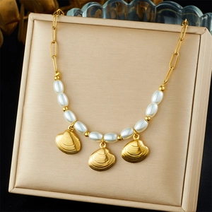 Collier En Acier Inoxydable Plaqué Or Avec Künstliche Perles D'Imitation Et Pendentifs Coquillage Bijoux Style Plage Été Femme