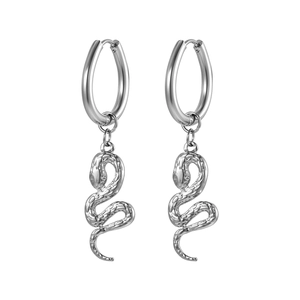Boucles d'oreilles serpent en acier inoxydable argenté avec texture et anneaux