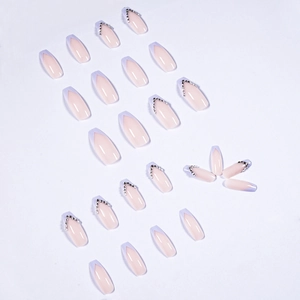 Light purple French long coffin press-on nails with glitter diamond V-shape accents