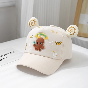 Detail of baby baseball cap with octopus patch, 3D ears and sea life embroidery
