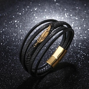 Men's multilayer black leather braided bracelet with gold feather charm and magnetic clasp