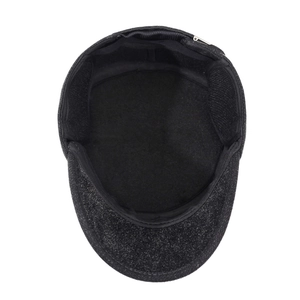 Winter flat top cap for elderly men featuring warm lining and dark grey wool fabric