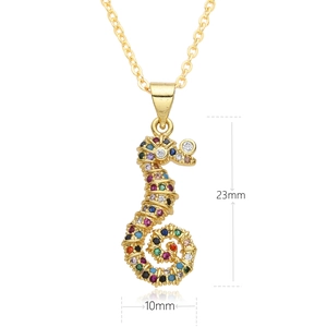 Colorful zircon seahorse pendant necklace in 18K gold plated copper, 23mm by 10mm