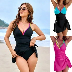 Maillot De Bain Monokini Femme Bretelles Contrastées Robe De Bain Gainante Col V Vacances Plage Sans Manches Mode