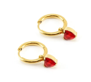 Detail of gold-plated hoop earrings featuring multi-faceted red heart zircon pendants