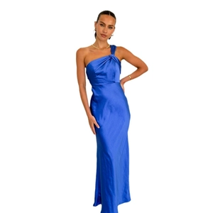 Elegant royal blue satin maxi dress with one-shoulder knot detail and slim-fit silhouette