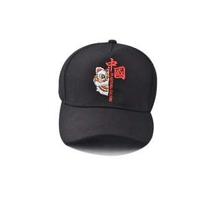 Black cotton baseball cap with Chinese lion embroidery and traditional culture design