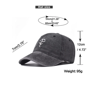 Detailed size chart for the washed denim baseball cap with rose embroidery detail