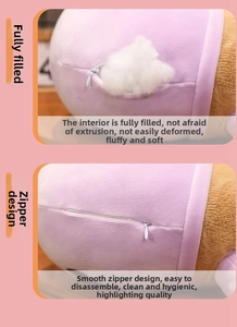 Detail view of plush capybara toy showing high-quality cotton filling and zipper design