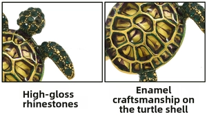Detailed close-up of vintage sea turtle brooch with green rhinestones and enamel craft