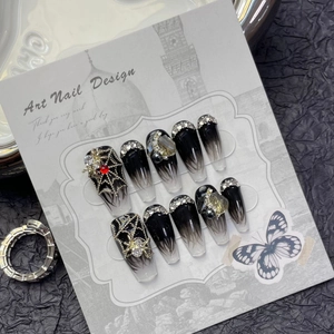 Gothic Spider Press On Nails Long Coffin Ombre Black Gradient 3D Rhinestone Spider Web Handmade Reusable Fake Nails
